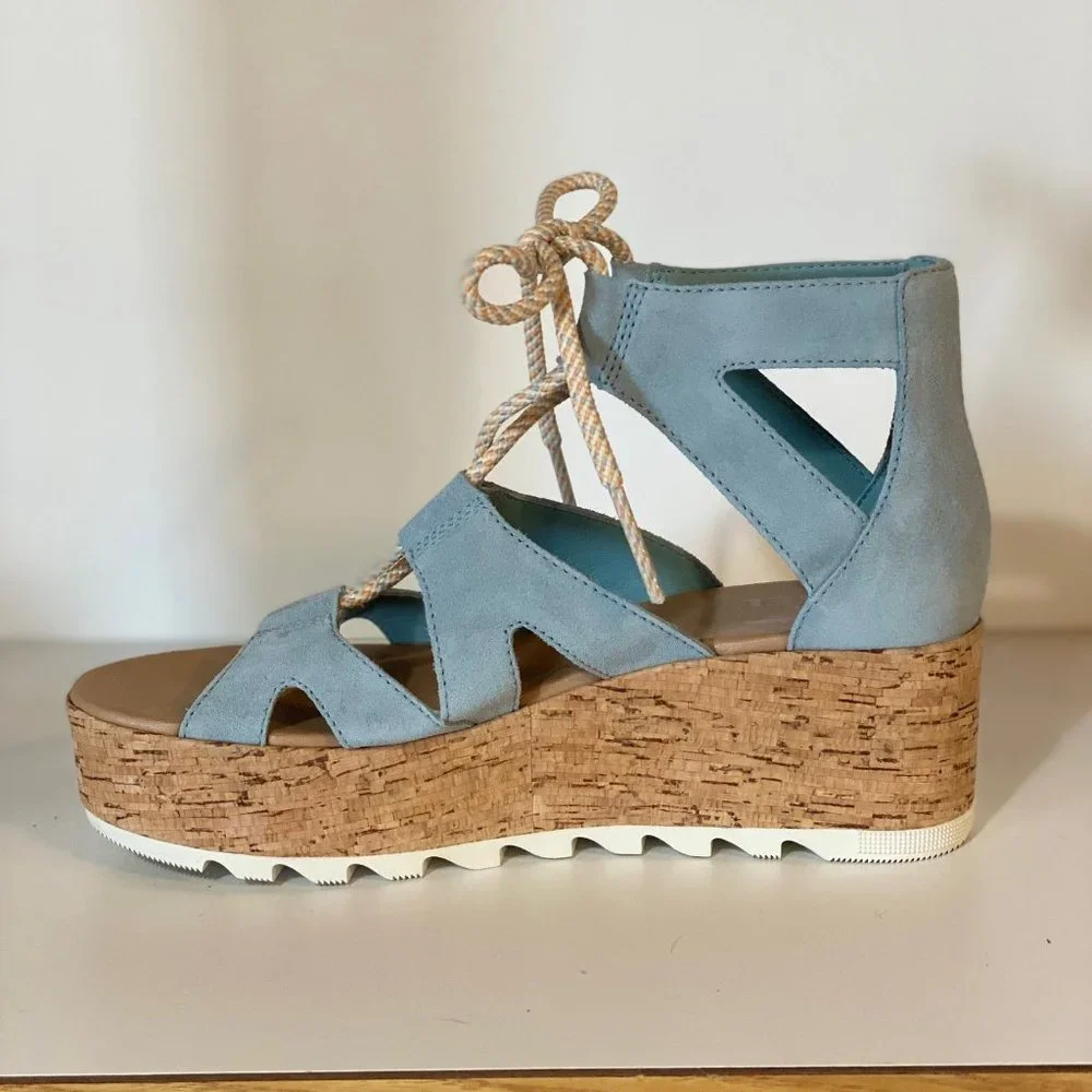 Sorel Blue Suede Cork Platform Sandals with Rope Laces